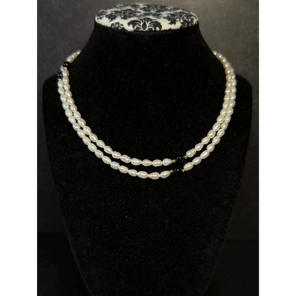 14K Gold Freshwater Pearl Onyx Endless Necklace 33 Inch 28.5g
